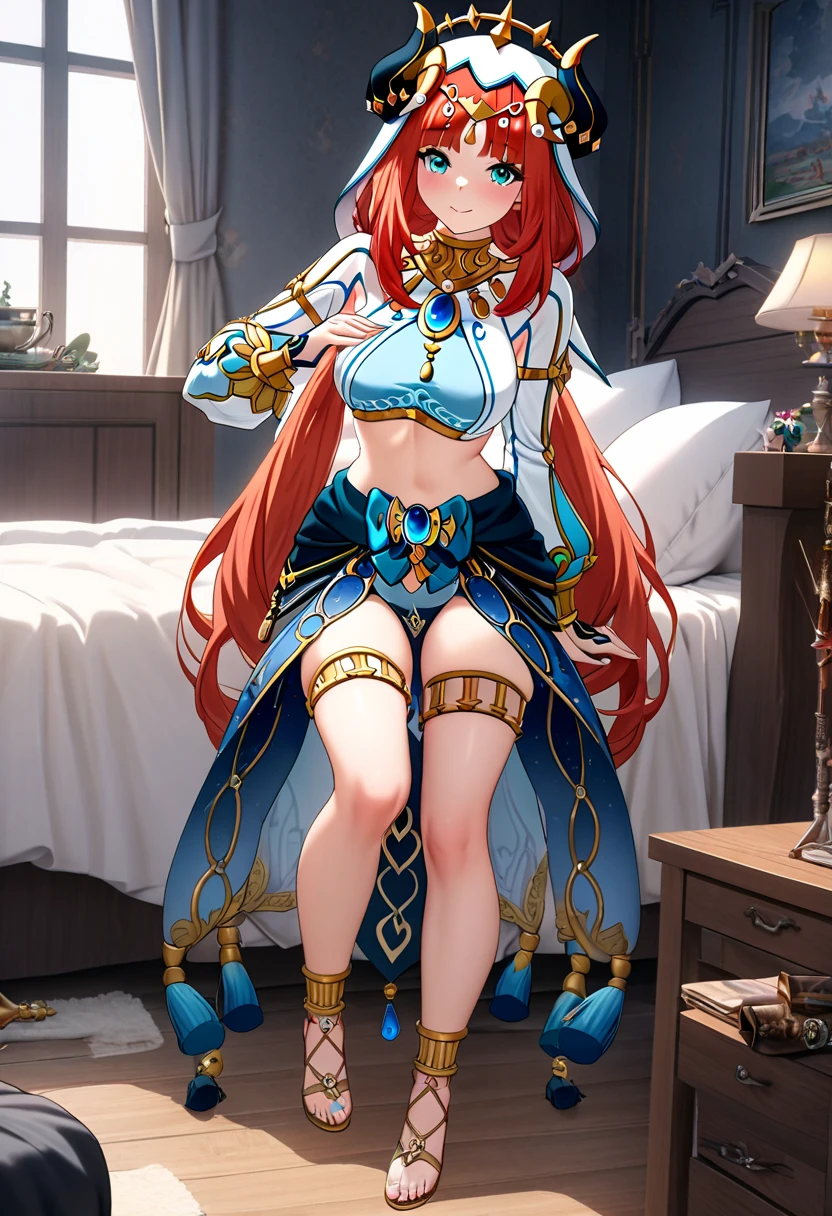 1girl, solo, back light, rainbow, aqua eyes, fake horns, red hair, long hair, crop top, jewelry, horns, veil, bracer, brooch, puffy long sleeves, skirt, bangs, low twintails, puffy sleeves, neck ring, gold trim, parted bangs, arm up, blue skirt, hair ornament, detached sleeves, floating hair, gem, hair flower, blue gemstone