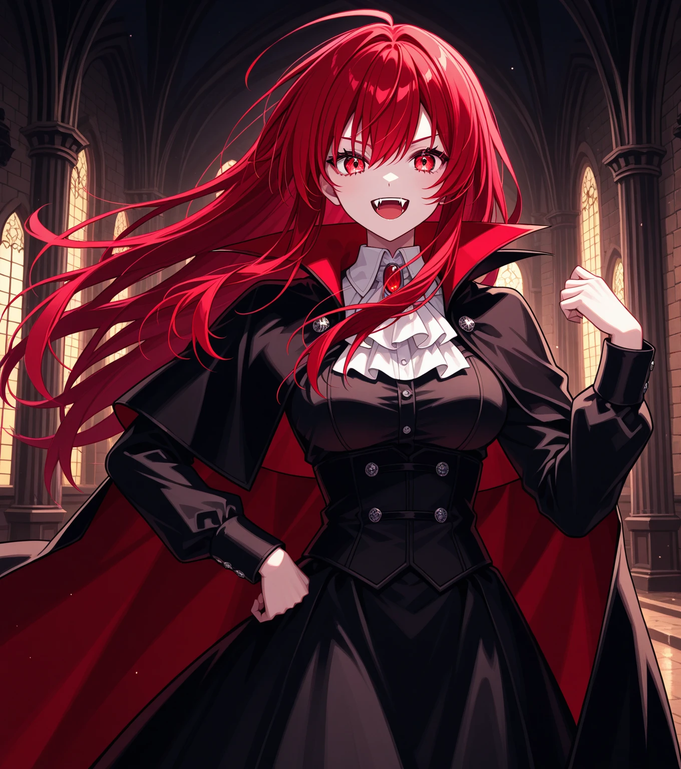A female character with long, curly Ruby red hair. Character wielding a black scythe with a dark shadow-like figure with two white eyes in the background. Emerald green eyes. Character with a macabre smile is scary and a malicious expression. Black clothing is red short and sensual. darkness background 