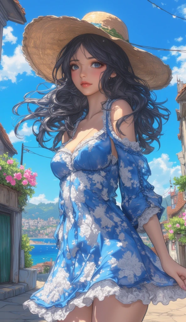 masterpiece、highest quality、High resolution、High-quality images、8k, 1 female、Skin Radiance、Texture of skin and clothing、Expression of fine eyes、Shiny light brown hair,Girl with long braided hair, Manga inspired by Lee Jong-suk, Trending on deviantart, realism, detailed manga style, Manga art style, Perfect Line Drawing, Beautiful line art, digital manga art girl, K-POPアイドル, Center of chest,Beautiful light blue eyes, Lips become thicker, Gorgeous face with attention to detail, (Cute Smile), charm, Innocent, Side view, (Perfectly detailed face), (Beautiful Hands) photorealistic images, Written boundary depth, Princess Hairstyles, sunflower， Straw hat,camisole, Lightweight cardigan , mini skirt , Amazing ocean，Beautiful sea，Romanticism,