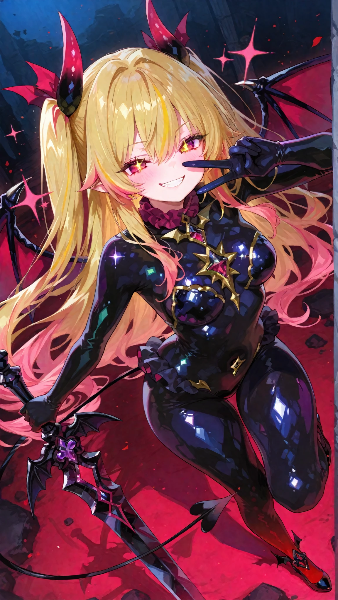 Carefully draw the face　5 year old girl　High-quality faces in anime style　a blond　Shiny black full body suit　Red lines all over the body　seductiv　a smile　Morrigan Aensland　Lie on your back