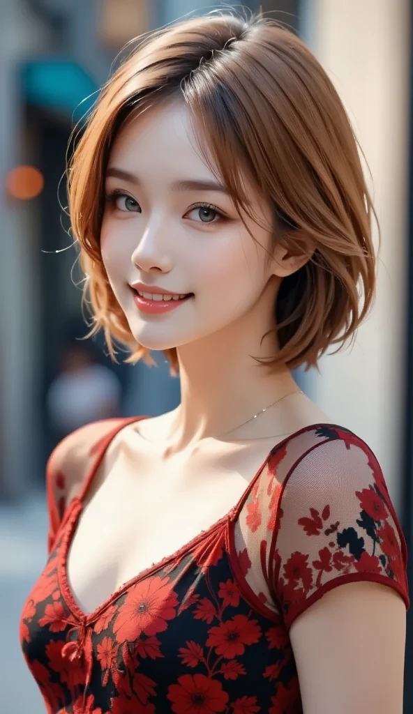 (8k, RAW Photos, highest quality, masterpiece, Realistic, Realistic), (1 female), (The ultimate beautiful middle-aged woman), Highly detailed face, (Perfect Teeth), Beautiful Eyes, double eyelid, eyelash, smile, Lip details, (Neat brunette bob), The light shines on your face, Big Breasts, ((Colorful mini dresses)), (front view), (background: none), Background blur