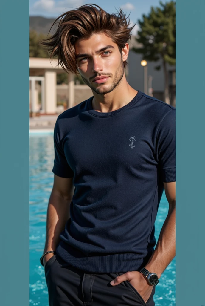 (best quality), 1boy, Male, 27 years old, young man, honey toned skin, short hair, dirty blonde hair, messy hair, messy bangs, green eyes, perfect eyes, hawaii shirt, male swimwear, beach, clear face, nerd, strong jawline, lanky, tired expression, dark circles under eyes, masterpiece, anatomically correct, highres