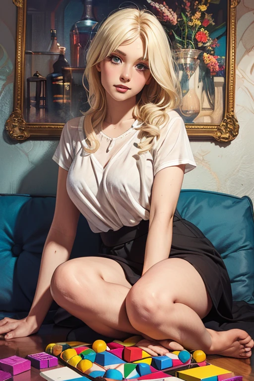 beautiful woman, tank top, pleated skirt, lush lips, blonde hair, erotic pose, sitting down, seductive, erotic, photorealistic, highres, 8k, cinematic lighting, dramatic shadows, vivid colors, award-winning digital art, intricate details, elegant, graceful, sensual, alluring