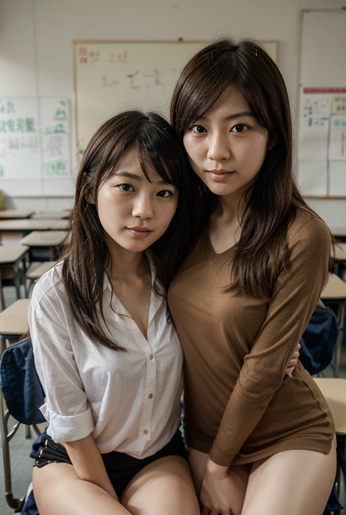 (3girls:1.5),((best quality:1.4,masterpiece)),((16k,RAW photo)),((realistic, photo realistic)),(ultra-detailed, detailed face, detailed skin texture),(professional lighting, professional photography),nsfw, smile, casual everyday life, casual glance, looks-gorgeous, short hair, hairclip, accessory, pierced earrings, necklace, watch, Fluffy and chewy skin,  frontal face BREAK ((cowboy shot)),(school uniform),(((school uniform lift))), beautiful female, woman 42years old, beautiful face,((large breast),bottomless, supermodel, in class room