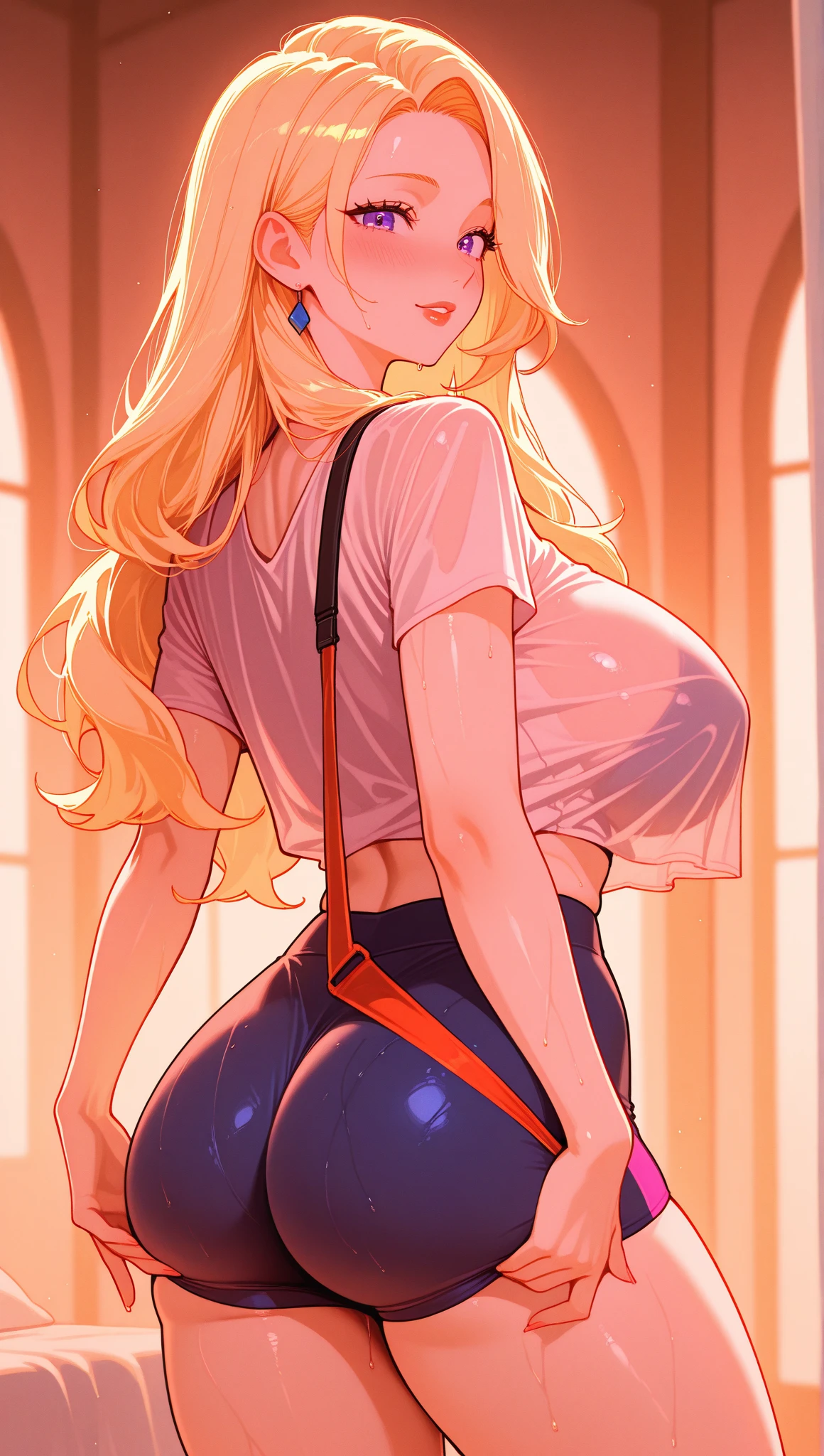 ((masterpiece,best quality)), absurdres,
<lora:Mai_Valentine:0.8>,  purple eyes, long hair, blonde hair,  smile, hearts, 
kujaku mai, bare shoulders, blush, white crop top, earrings, from behind, hajime shindo, hoop earrings, jewelry, large breasts, tight denim pants, looking at viewer, looking back, smirk, smug, simple background, standing, thick thighs, 
wavy hair, yu-gi-oh!, yu-gi-oh! duel monsters