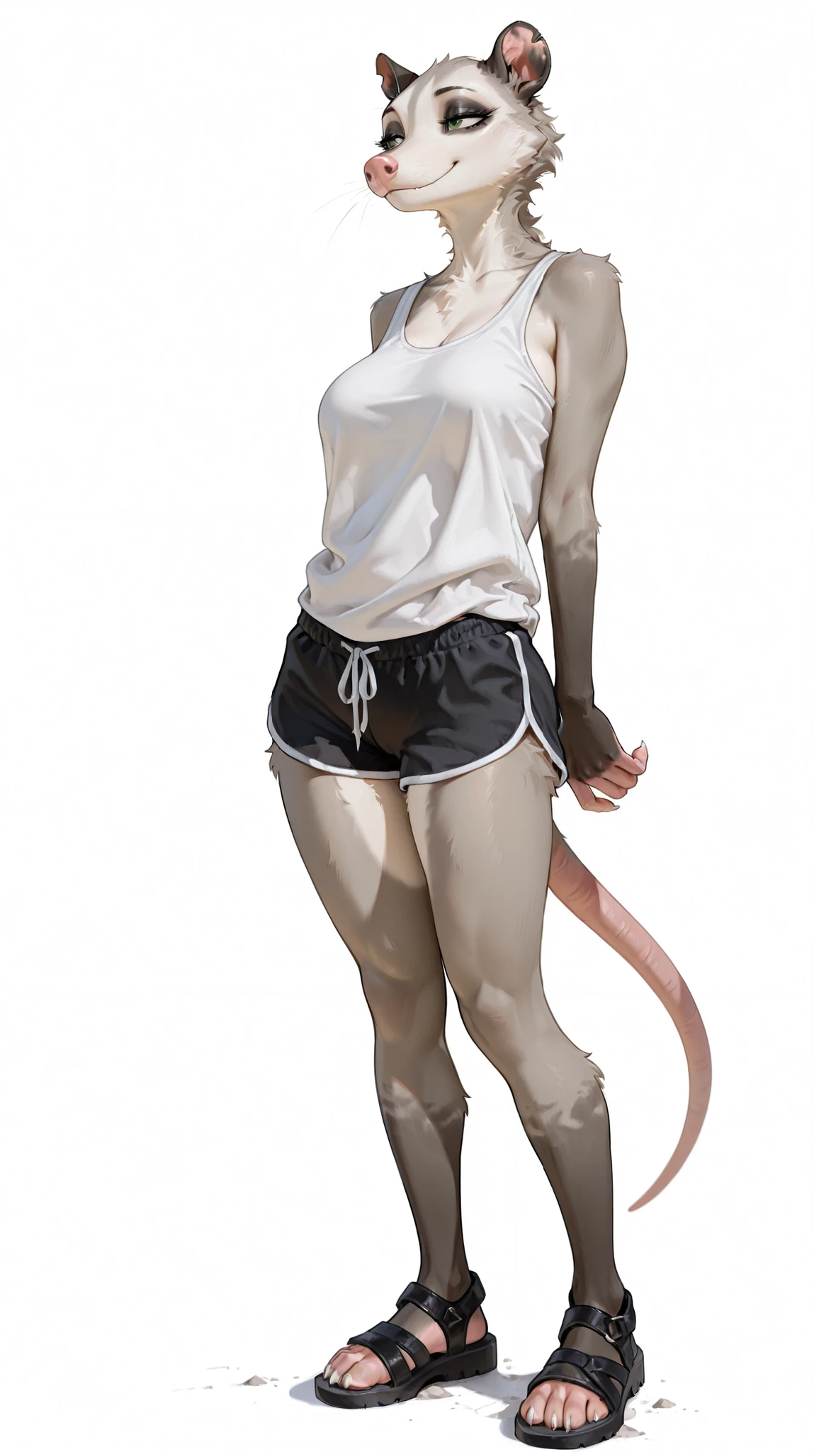 masterpiece, best quality, amazing quality, very aesthetic, high resolution, ultra-detailed, absurdres, newest, female, green eyes, furry, anthro, solo, possum, gray fur, breasts, paws, claws, full body, white background, BREAK, photorealistic details, volumetric lighting, black shorts, black sandals, oversized top, tanktop, white top, smile, neutral, half-lidded eyes, black eyeshadow, thighs, hips