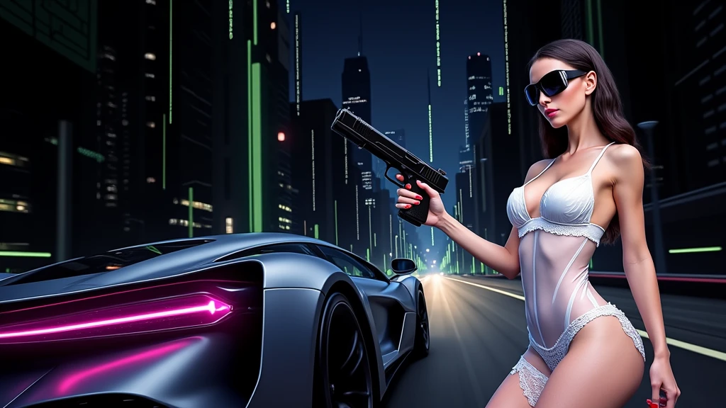 Blade Runner style futuristic city, neon buildings, cars, lightning, 3d rendering Beeple. At night, (1girl, solo, alone), photorealistic, medium-breast slim:0.6 body, oval:0.5 face, cleavage:1.1, sexy black laced bra, deep-V, (low angle view of miniskirt), white laced panty, coat, (Matrix style black micro sunglasses), ((holding a short gun)), (slightly leaning forward running pose), (half-body thigh level close-up shot), cinematic lighting, ray tracing.