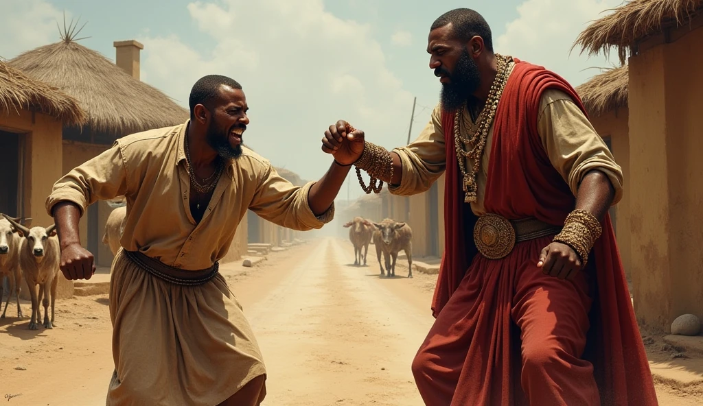 An Egyptian whipping an Israelite, Moses a young man helping the man who is being whipped 