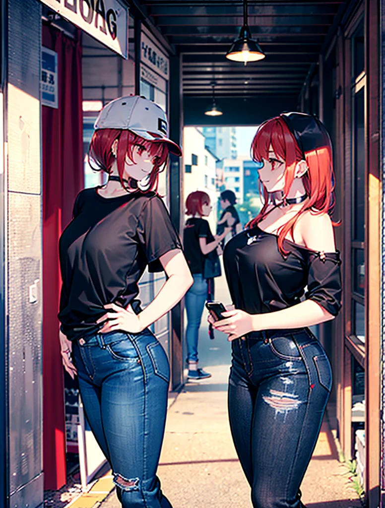 Nerdy girl,  hourglass figure,  shy, vibrant red hair,  short jean shorts,  cropped skin-tight tanktop 