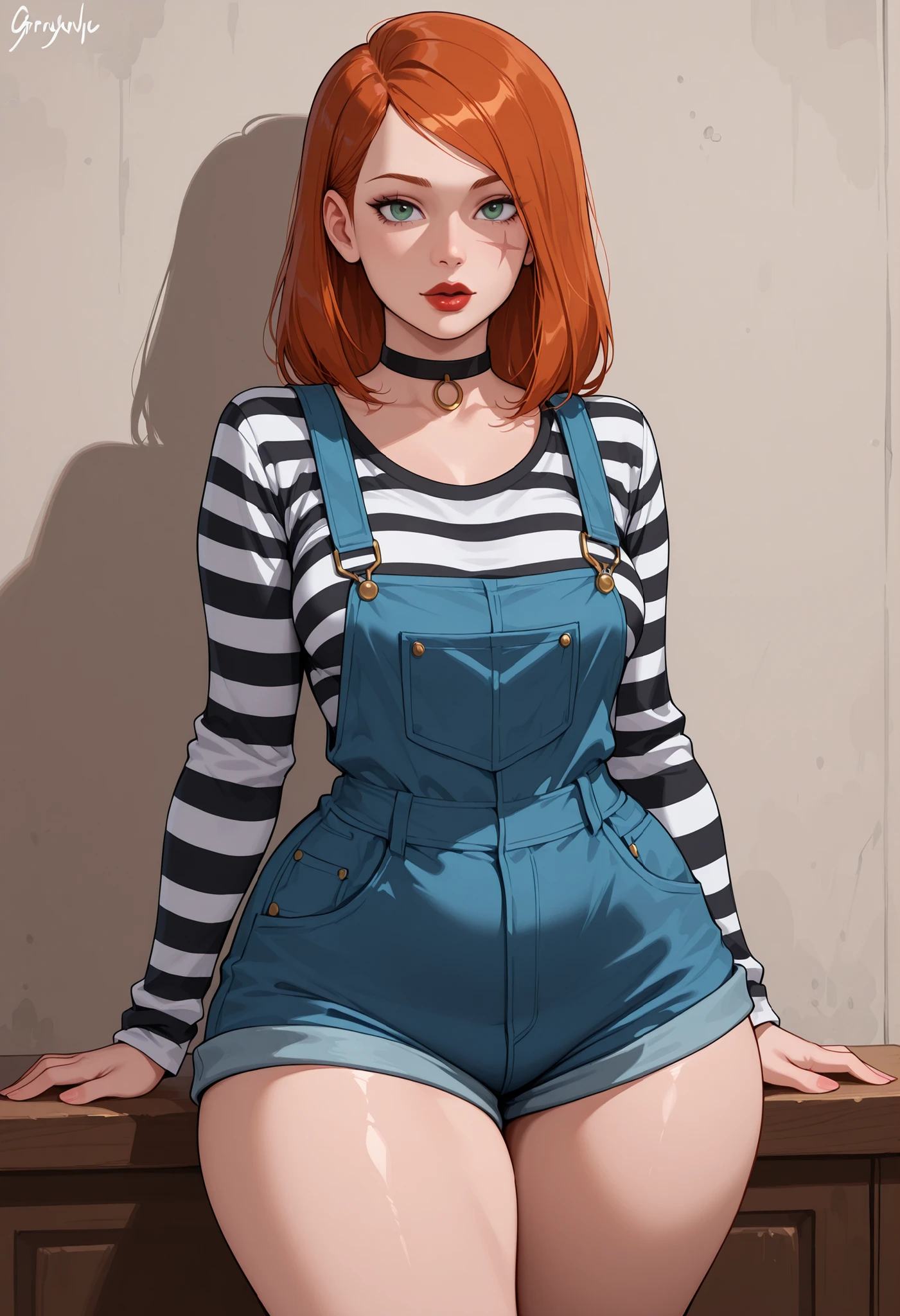 Kim Possible. ginger. medium hair. choker. green eyes. red lips. athletic body, narrow waist, small breasts, huge hips.| highres, hi res, best quality, realistic, realism, masterpiece, thick thighs, wide hips, large breasts, saggy breasts, curvy, 1girl, solo, shortstack, ChuckyXLP, red hair, scar on face, stitches, striped shirt, overalls, striped, striped sleeves,