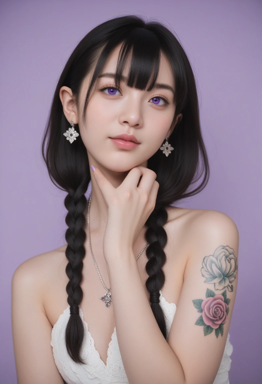 (very detailed background:1.0), (highly detailed background:1.0), (Masterpiece), High Quality, 1girl, woman, tattoo, irezumi, depth of field, dynamic lighting, high quality shadows, feminine, plunging neckline, breast curtains, Revealing clothes, , white dress, reze, purple hair,