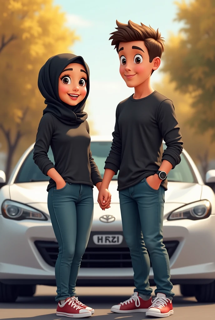 a beautiful hijab-wearing Korean teenage girl and a Korean boy with thin, neat hair.Wearing a purple panda-patterned sweater.sitting on the hood of a white Jeep with gold neon low-profile rims.hugging the beautiful Muslim woman in matching attire, in the background of a quiet street on a sunny day.spotlighting from the jeep