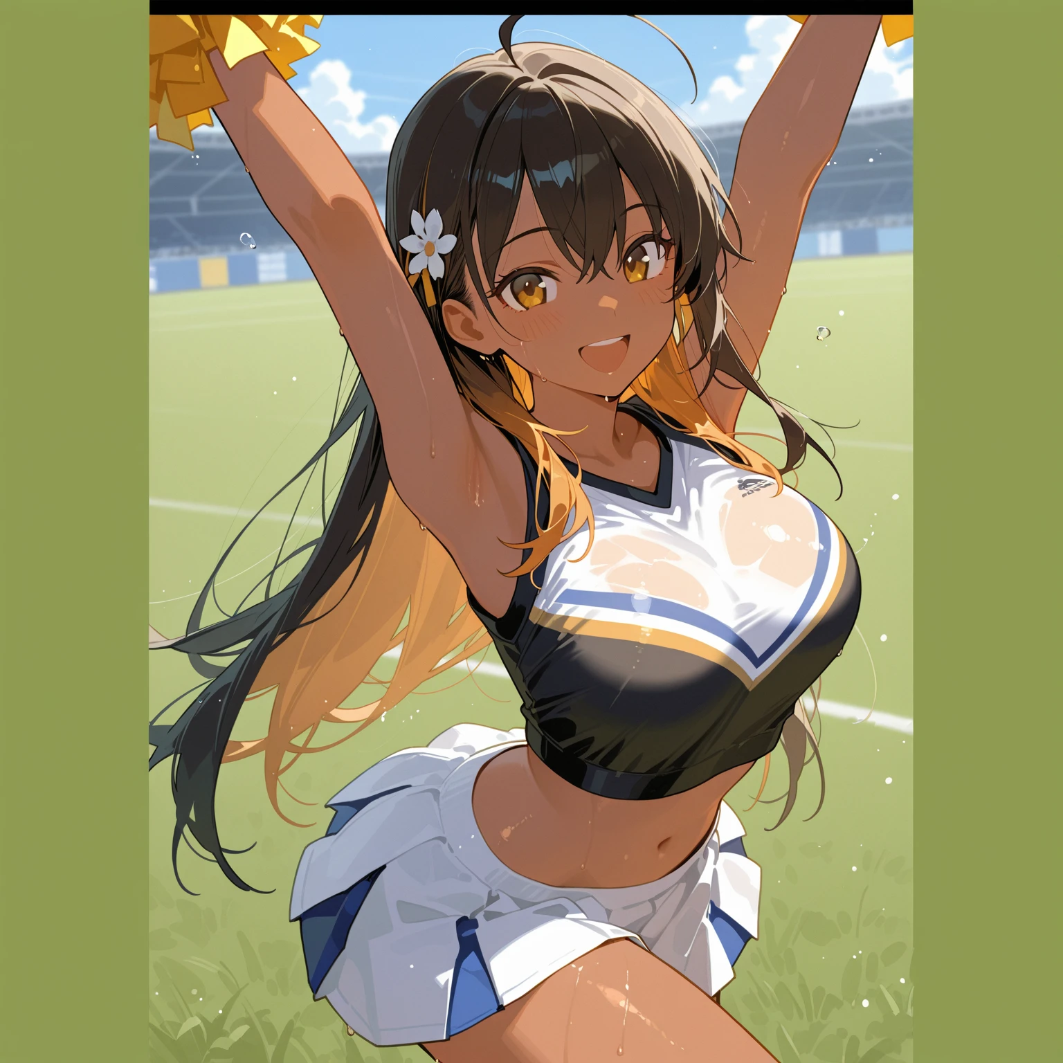 one woman,high school girl,big breasts,Belly exposure,highest quality,Super high quality,Cute face,cheerleader,Cheerleader,underboob,Too much exposure of the chest,sweat all over,