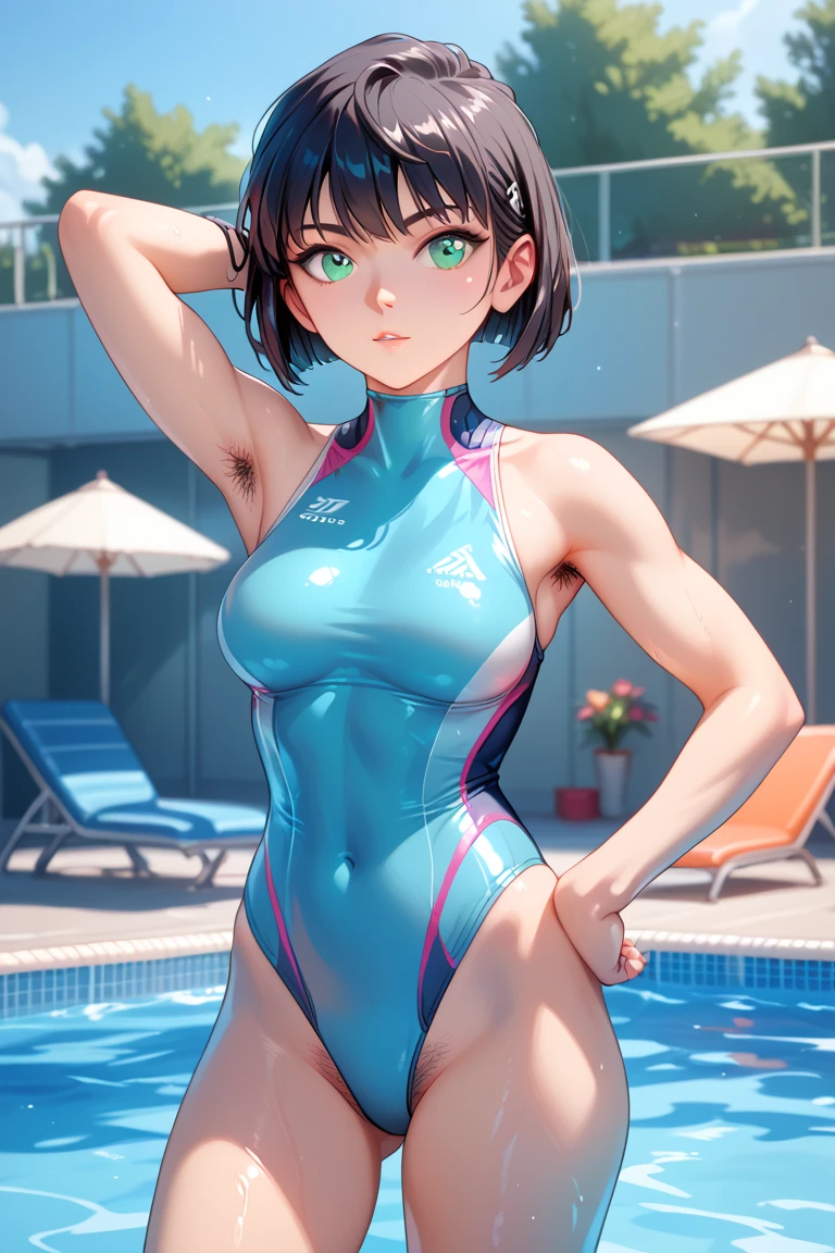 very cute and beautiful girl, (beautiful face and very detailed eyes), (transparent white latex 1 piece swimsuit),
standing, at the edge of the swimming pool, small colorful flowers on the meadows,
(smile), looking at viewer, black hair, cowboy photo,
(best quality,masterpiece:1.0),absurd,high resolution,ultra-detailed,extremely detailed,32k,
cinematic scene,detailed background,single player,dynamic angle,
hair fluttering in the wind, beautiful detailed sky,