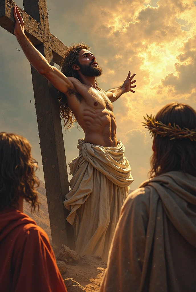 Create a detailed realistic cinematic scene of Jesus Christ being crucified on a cross at the top of a stoney hill, with the crowd witnessing the event and the Roman soldiers in the background detailed clothing texture, realistic skin texture,high contrast, strong backlighting, action film, dark color lut, cinematic luts