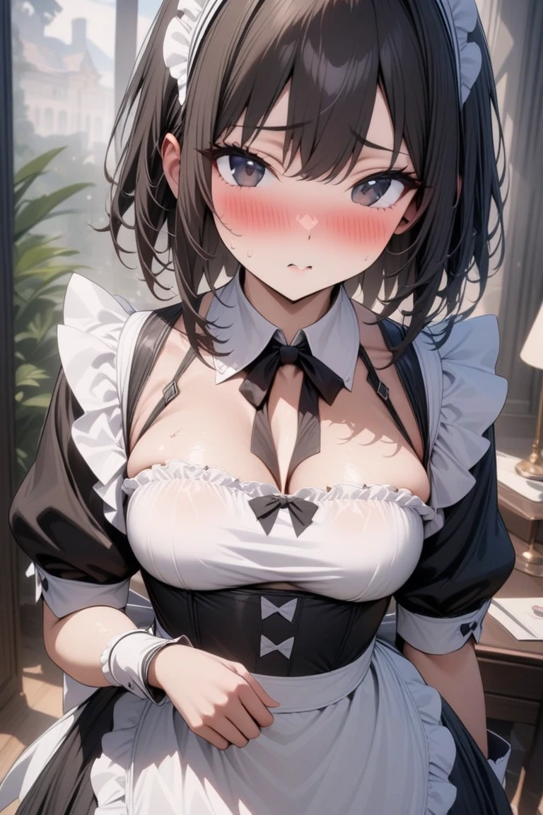 score_9,score_8_up,score_7_up,masterpiece,best quality, source anime, realistic, super detailed, extreme detailed, rating_safe,
1girl, standing, cowboy shot,
BREAK 22yo, short hair, bob cut, (blunt bangs), black hair, (tareme, detailed cute brown eyes), curled eyelashes, (large breasts:0.9),
shiny hair, beautiful detailed eyes, beautiful face,
maid, maid headdress, (white shirt, frilled shirt, white short sleeves, puffy sleeves, cleavage), cuffs, white frilled choker with black neck ribbon, black corset,
embarrassed, light smile,
living room, morning, woody floor,
