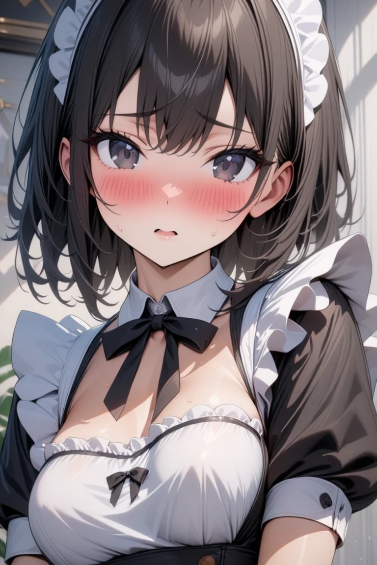 masterpiece, absurdres, best quality, ultra detailed, high Resolution, detailed illustration, bright colour, (extremely beautiful detailed face and eyes, Delicate beautiful face, 1 girl, cute face:1.3), (magenta eyes:1.1), sparkling eyes, big eyes, medium breasts, (perky breasts:1.1), (pointy breasts:1.1), medium hips, glamorous body, white skin, BREAK, long bob cut, (blonde hair:0.8), messy hair, detailed hair, shiny hair, BREAK (undressed, Black Maid clothes:1.5), (SEX, vagina, Masturbation:1.3), perfect lighting, (embarrassed:1.5), (ecstasy, vulgarity:1.5), (trembling:0.8),