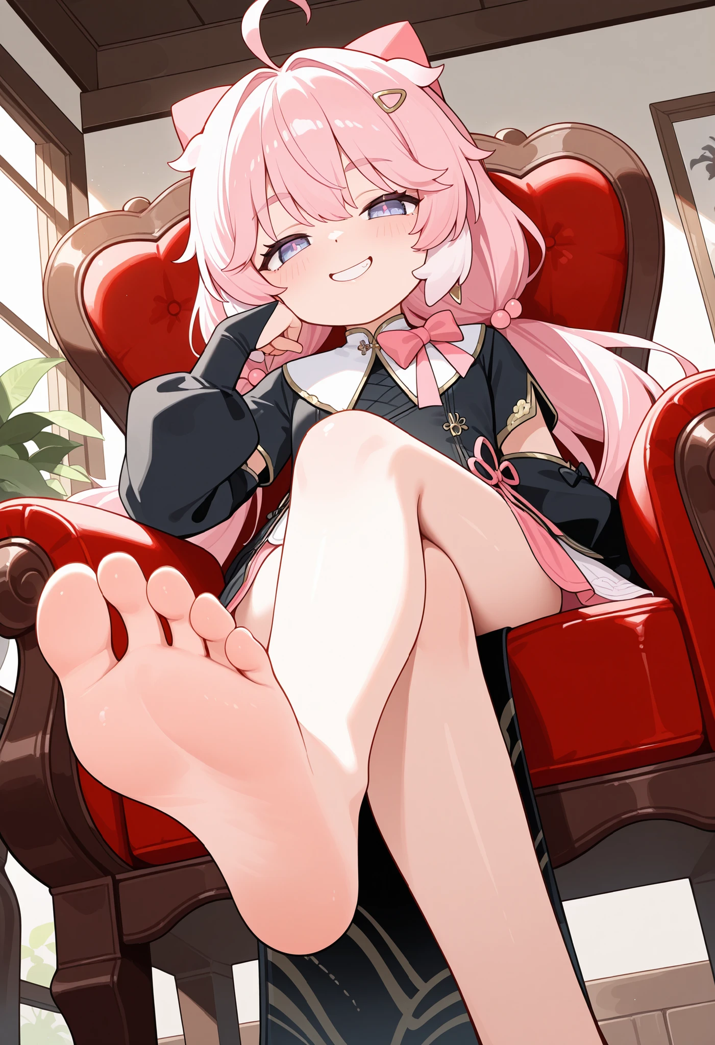 1girl, encore_(wuthering_waves), solo, naughty face, in the chair, view from below, crossed legs, cute thigh,feet focus, sole