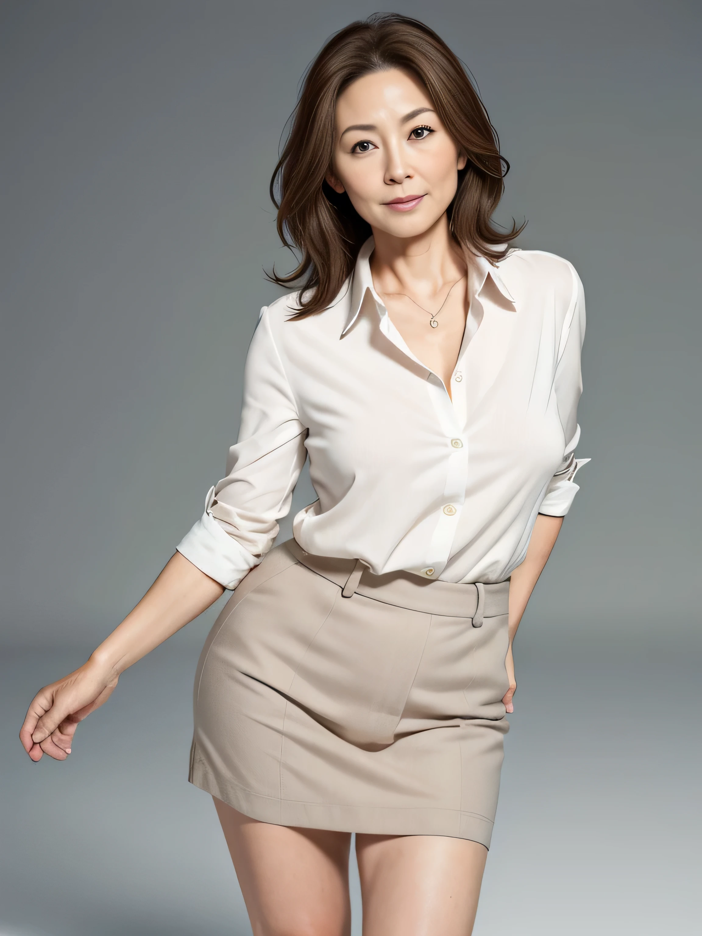 ((Highest quality)), ((8k)), ((masterpiece: 1.3)), (Perfect appearance), (Photorealism: 1.6), (KE), (JMA), (古い日本の町並みの中に立つJapanese women: 1.6), (Kyoto), (Clear Background), Japanese women, (48 years old), ((Stand upright, Look forward, Center of screen)), ((Realistic skin texture)), (Fine wrinkles appear all over the skin: 1.3), (Dullness: 1.1), (Unmoisturized skin: 1.2) , (Facial wrinkles: 0.9), (Wrinkles around the eyes: 1.2), double eyelid, Lower eyelid tear trough, (Crying Mole: 0.9), The eyes are looking here, Serious gaze, (Dimples: 1.2), Laugh with the corners of your mouth wide open, Straight medium length, Soft fabric blouse, (Through the white blouse: 1.3), (Voluptuous and glamorous body), (Wide sleeves), (Cuffs that fit your wrist), (The bottom of the blouse is tucked into the skirt: 1.2), flare skirt, High heels, (Focus on the upper body: 1.3), (Low - Angle: 1.4),