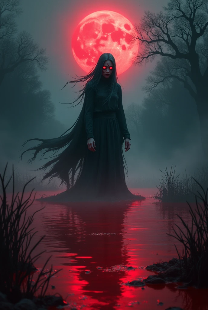 Create a lineart illustration Setting:Hellen in the Dead Dimension: Show Hellen in the dead dimension, walking among the dead branches and dry earth. The atmosphere should be dark and oppressive, with a ghostly glow around her, highlighting her dark gaze. The blood dripping from her fingernails onto the lifeless ground can be a detail that adds to the sense of dark power and absolute concentration.