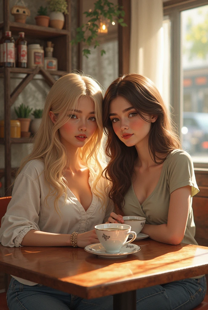 (absurd, highres, ultra detailed), 2girl, sitting at a table near the window where the shops outside are reflected, are in a coffee shop, drinking coffee from the same glass with two straws, lesbians, looking at each other, the one on the left has long blonde hair and the one on the right has black hair.
