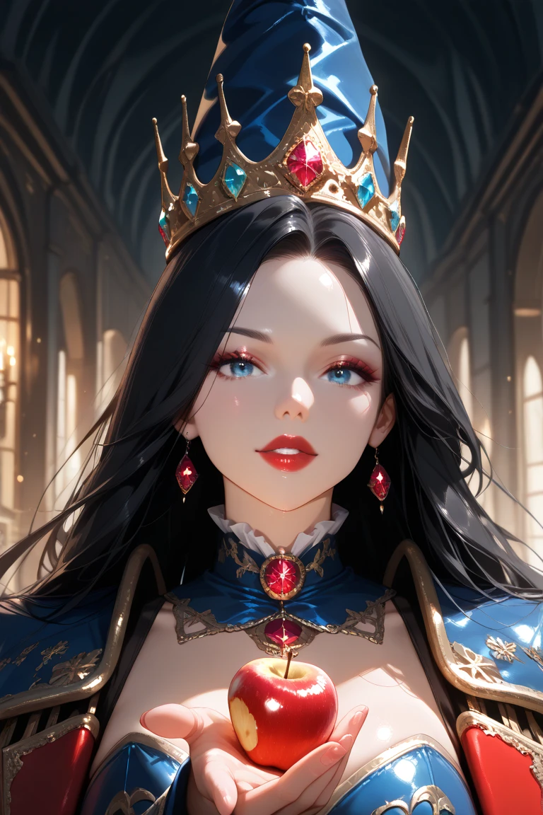 The woman, black hair and red eyes, shiny dress, silver crown, medieval background, red eyes, castle background, piercing red eyes, black hair, red glowing eyes