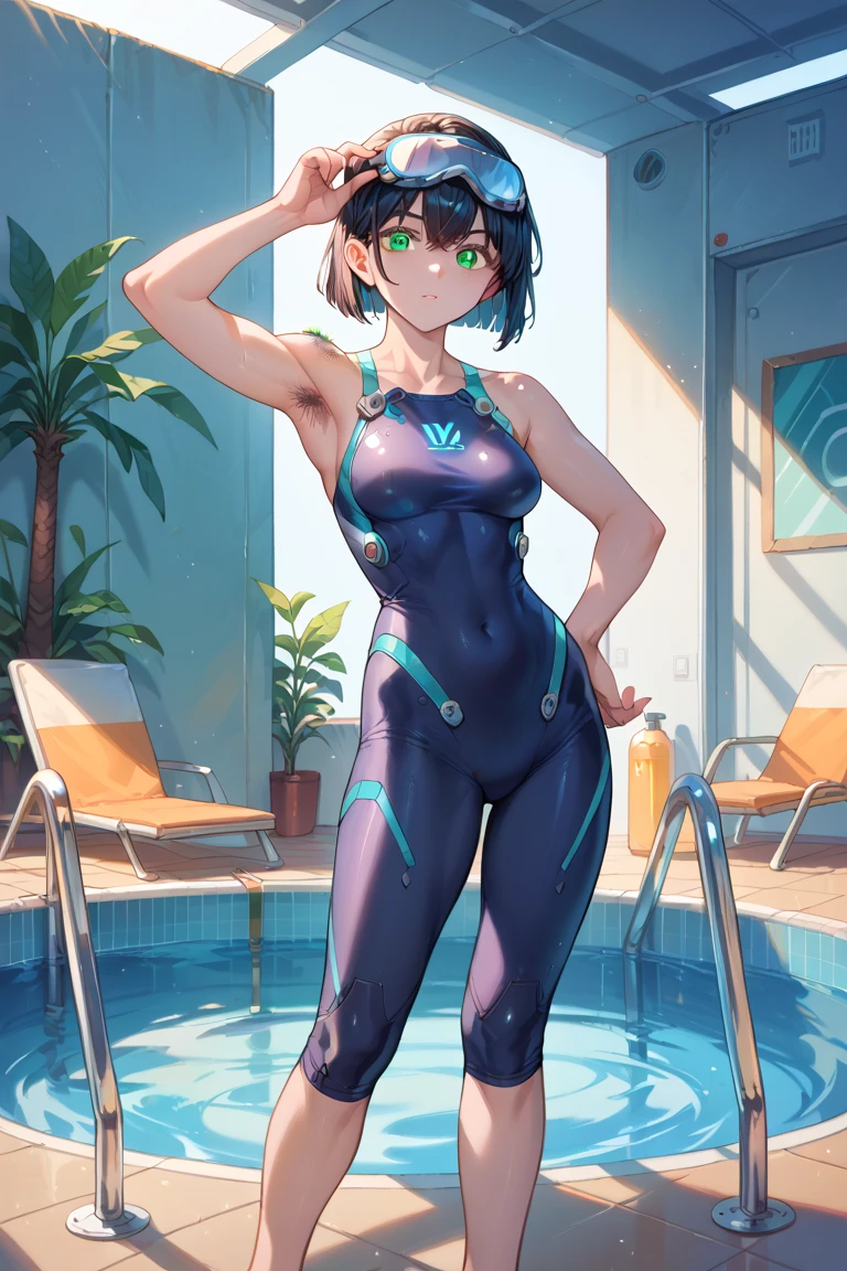 1girl, shy girl, (perky breast), (hard nipple), small breast, wet body, opening legs, camel toe, kawaii face, well proportioned face, embarrassed, black eyes, black hair, blunt bungs,  short bob hair, see-through swimsuit, transparent swimsuit, racing swimsuit, skin dentation, small breasts, slender body, dressing room in the school, full body, from below angle, nsfw, vaginal rundown , peeing,