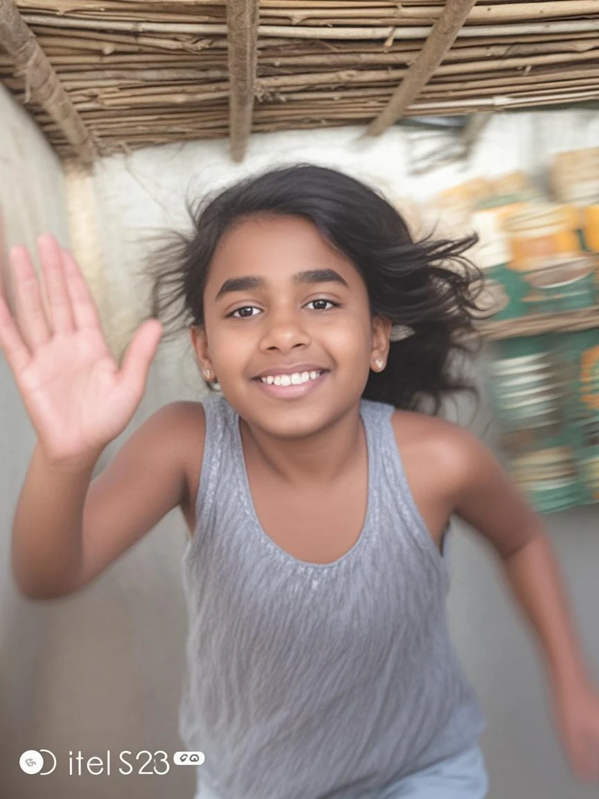 there is a young girl standing in a room with her hands up, she expressing joy, she is smiling and excited, as she looks up at the ceiling, excited expression, being delighted and cheerful, doing a majestic pose, with a happy expression, in an action pose, very excited, excited, captured with sony a3 camera, with arms up, screaming into air