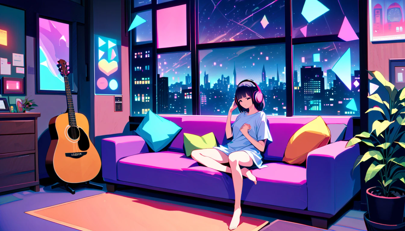 Generate an anime-style image evoking the atmosphere of 1980s city pop culture. Picture a simple scene featuring a girl lying on a bed, wearing headphones, and listening to music. The setting should reflect the urban vibe of the 1980s, with vibrant colors and retro aesthetics. The girl should have a relaxed expression, lost in the music, while the background includes elements like neon lights, cityscape, or cassette tapes, reminiscent of the era. The overall tone should be nostalgic and upbeat, capturing the essence of the city pop era.