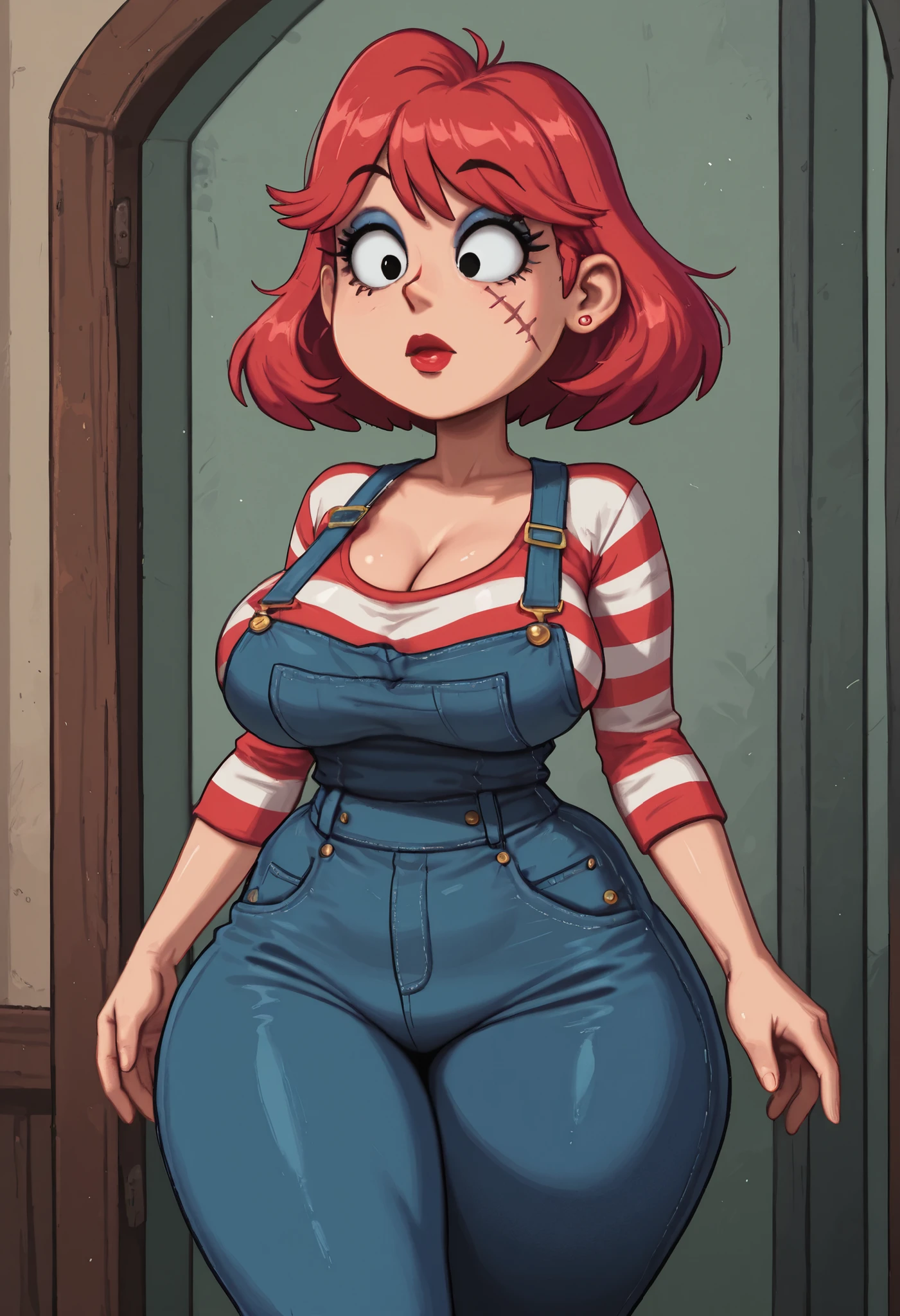 Rita Loud, mature female, short hair, slightly curly hair, blonde hair, black eyes, big eyes, long eyelashes, small saggy breasts, rounded breasts, narrow waist, thick thighs, huge hips, fair skin, thin hands, earrings, makeup, red lips, lipstick,| highres, hi res, best quality, realistic, realism, masterpiece, thick thighs, wide hips, large breasts, saggy breasts, curvy, 1girl, solo, shortstack, ChuckyXLP, red hair, scar on face, stitches, striped shirt, overalls, striped, striped sleeves,