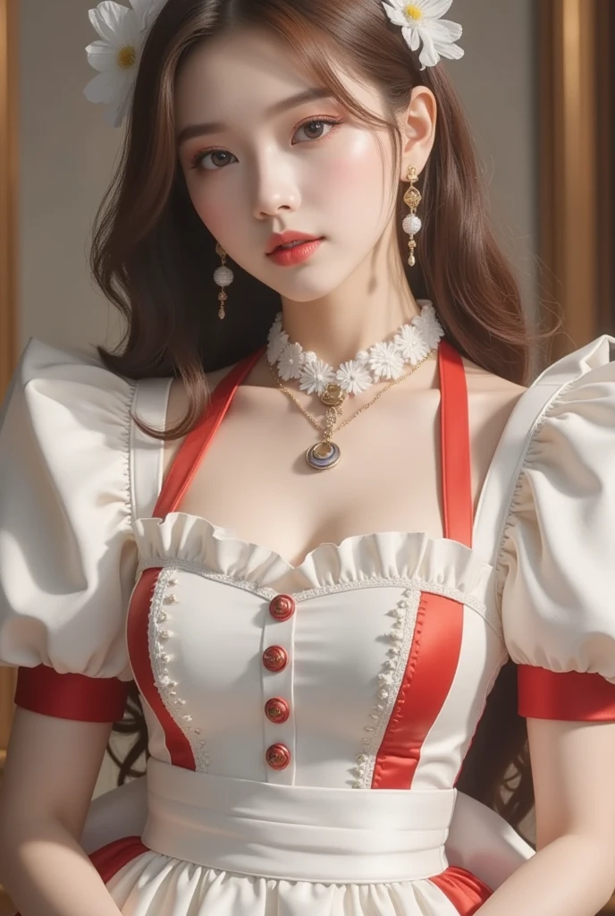 Sitting on the windowsill in red and white clothes, Wearing a victorian red dress, Wearing an exquisite steampunk dress, victorian style costume, rococo ruffle dress, rococo dress, Barlow overcomes ornaments, Close-up by Liu Yifei