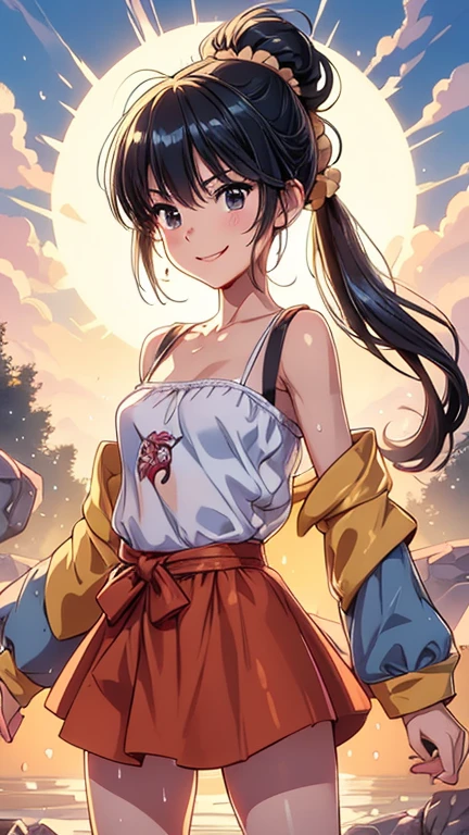 masterpiece, best quality, <lora:phoebe-nvwls-v1-000009:0.9> defPhoebe, dark skin, hair flower, pink flower, blue tube top, strapless, midriff, blue sarong, blue skirt, closed eyes, smile, dancing, night sky, field, from above