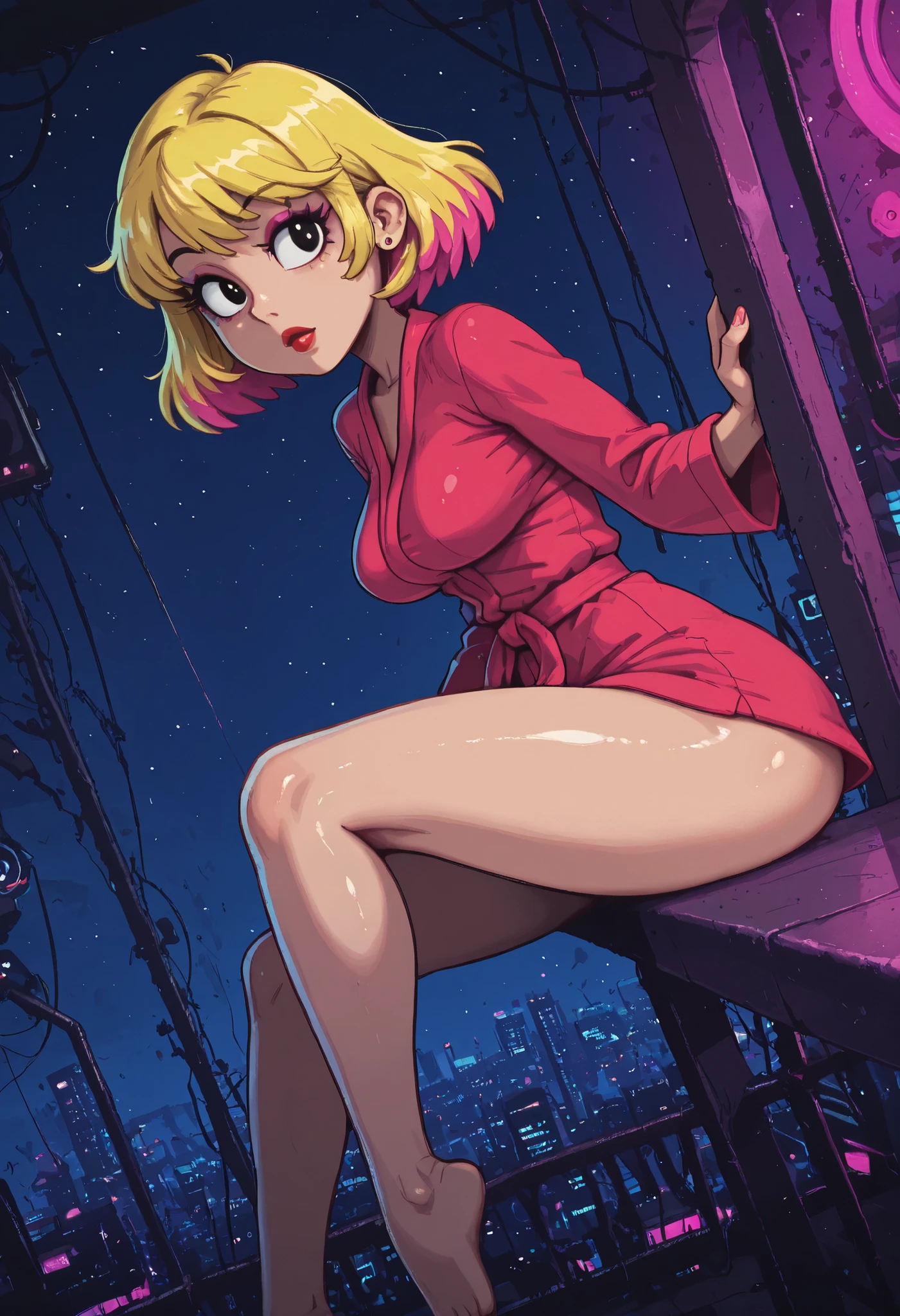 Rita Loud, mature female, short hair, slightly curly hair, blonde hair, black eyes, big eyes, long eyelashes, small saggy breasts, rounded breasts, narrow waist, thick thighs, huge hips, huge ass. fair skin, thin hands, earrings, makeup, red lips, lipstick,| Score 9, Score 8, Score 7, Score 6, Score 5, Score 4, Masterpiece, Superior Quality, Amazing Quality, Masterpiece, Maximum Quality, Ultra-detailed, Dynamic Angle, Dynamic Composition, Alone, (White Frame), (((Maximum Contrast, Saturated Color, Bright Colors))), Dynamic Lighting, bangs, multicolored hair, multicolored eyes, red eyeliner, makeup on the balcony, night sky, cyberpunk city, neon lighting, starry sky, contemplative, wearing a bathrobe, barefoot, nsfw, opening the bathrobe, nsfw, erotic expression