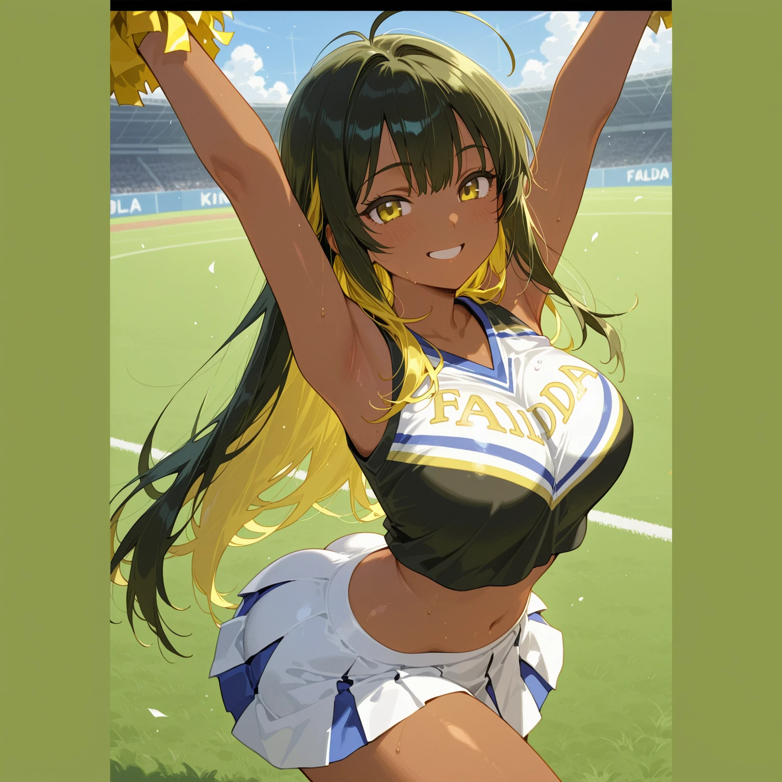 masterpiece, best quality, highres, nessa, dark skin, very long hair, single hair bun ,blue eyes, <lora:nessa pokemon by Goofy Ai:0.9>, UACheerleader, U.A. CheerUniform, orange crop top, orange skirt, <lora:UACheerleader:1.0>, pov, (sex, clothed sex, vaginal), waist grab, (hands pov:1.1), (((missionary, missionarygrab))), <lora:waistGrab:0.4>, looking at viewer, blush, dressing room, locker room, <lora:add_detail:0.3>