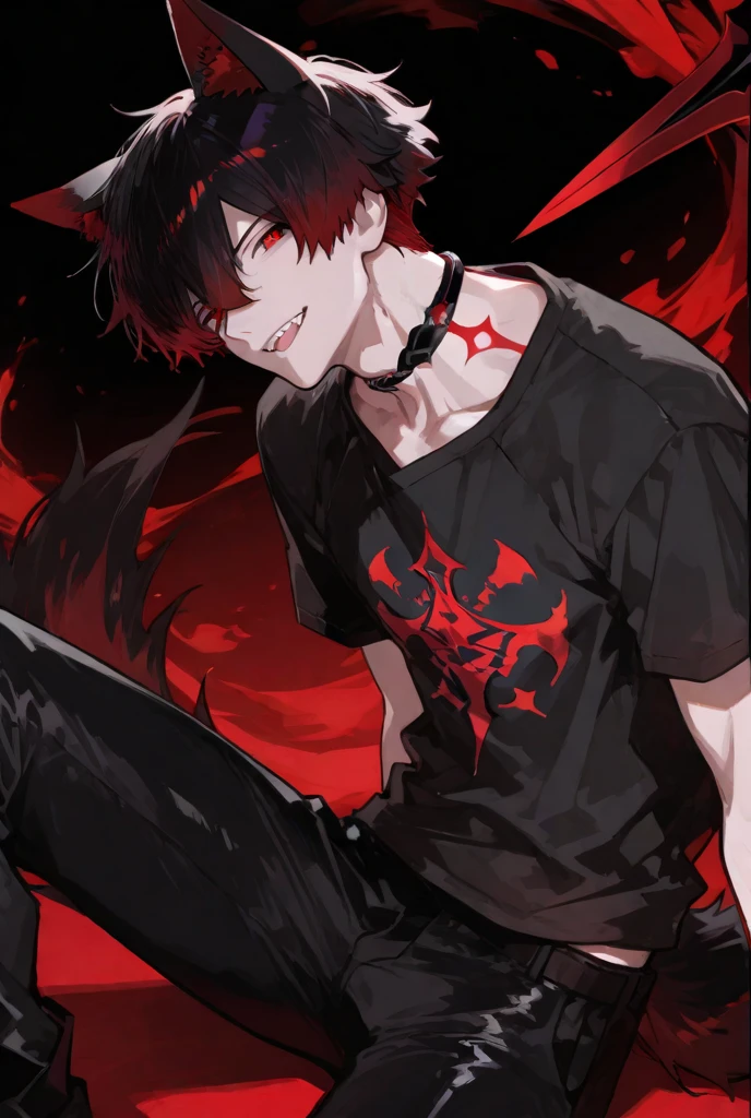 Young man with dark red hair, have wolf ears and claws, wear black loosed shirt and black baggy pants, he's walking around the dark streets of Japan in middle of the night. {Good anatomy, Interesting pose, beautiful colors, good quality, anime style}