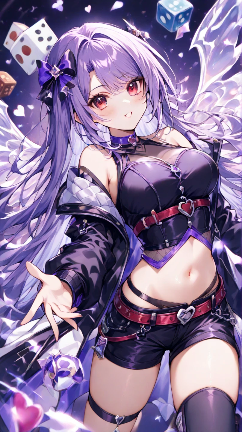 Fox Girl, Large Breasts, Voluminous purple hair, masterpiece , Red eyes, hd, Head to Chest, buried in my chest、Underboob、Double teeth、tooth、Crop tops