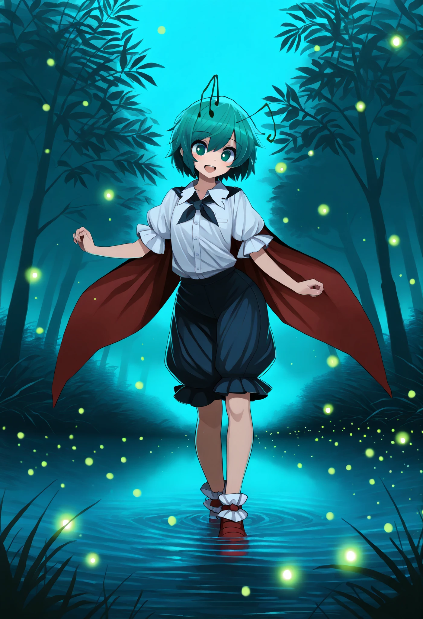 Masterpiece,Best quality, ultra detailed,Japanese Anime style, 1girl,((wriggle Nightbug)),(touhou project),boyish,green hair,short hair,short,mini,small chest, At night, outdoors, near water, fireflies are flying around,she dancing on the water,((beautiful light of fireflies,fantastic scene)),
