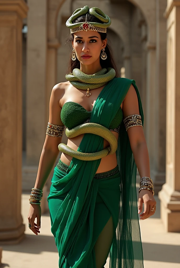 (full body) a female walking like reptile with two hands and two legs, wearing green saree, glowing red eyes, cruel facial expression, snake-like hair, dark aura, ominous atmosphere, demonic presence, gothic horror, blood, best quality, 8k, highres, masterpiece, ultra-detailed, realistic, photo-realistic, HDR, UHD, extreme detail description, vivid colors, dark atmosphere
