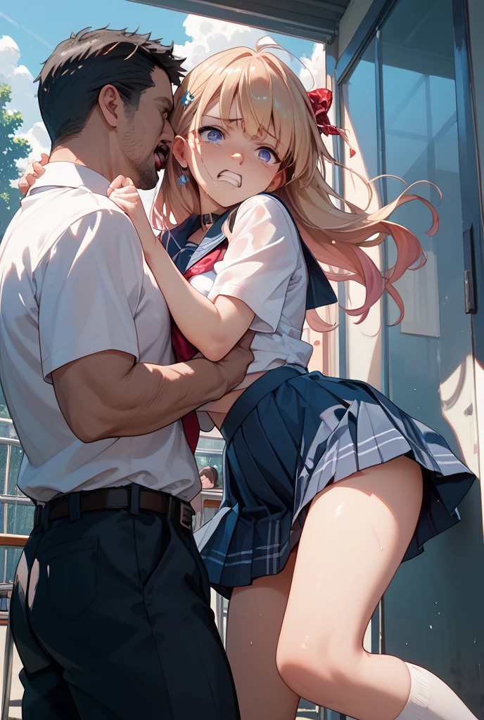 (girl,Fat middle-aged man:1.2)、Maid clothes、blush、French kiss、(hug)、(Big Breasts)、Very detailed、High resolution、4K、masterpiece、High resolution、(tears:2)、(rape)、Straddling a middle-aged man、heart、toilet、(Sex:1.3)、(Grin:1.1)、Knee socks、(Side view)、(Push down)、(rape)、braid one's hair、Faint、(pregnancy)、(Procreation:1.6)、Sticking out tongue