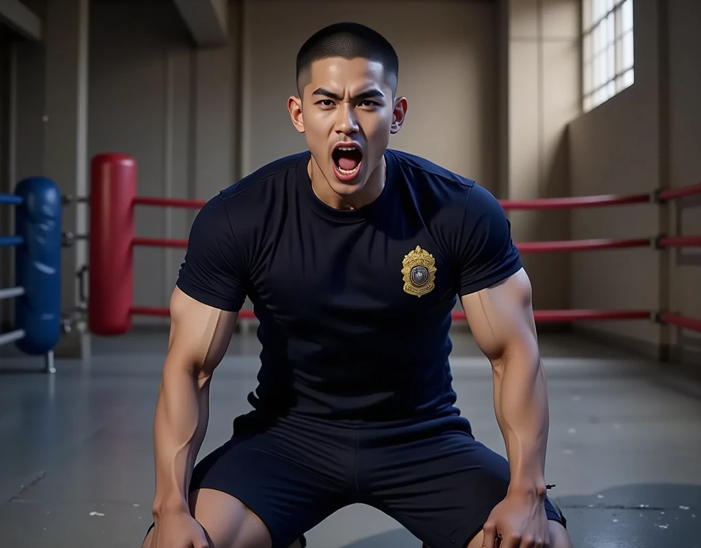 Describe a young Indonesian male with fair skin, slightly chubby, standing at 170cm tall, in a photo studio with an aesthetic wall backdrop, facing away from the camera, wearing clothes., Full boxing pants with boxing gloves and boxing robe. Realistic photo, 8k, HDR