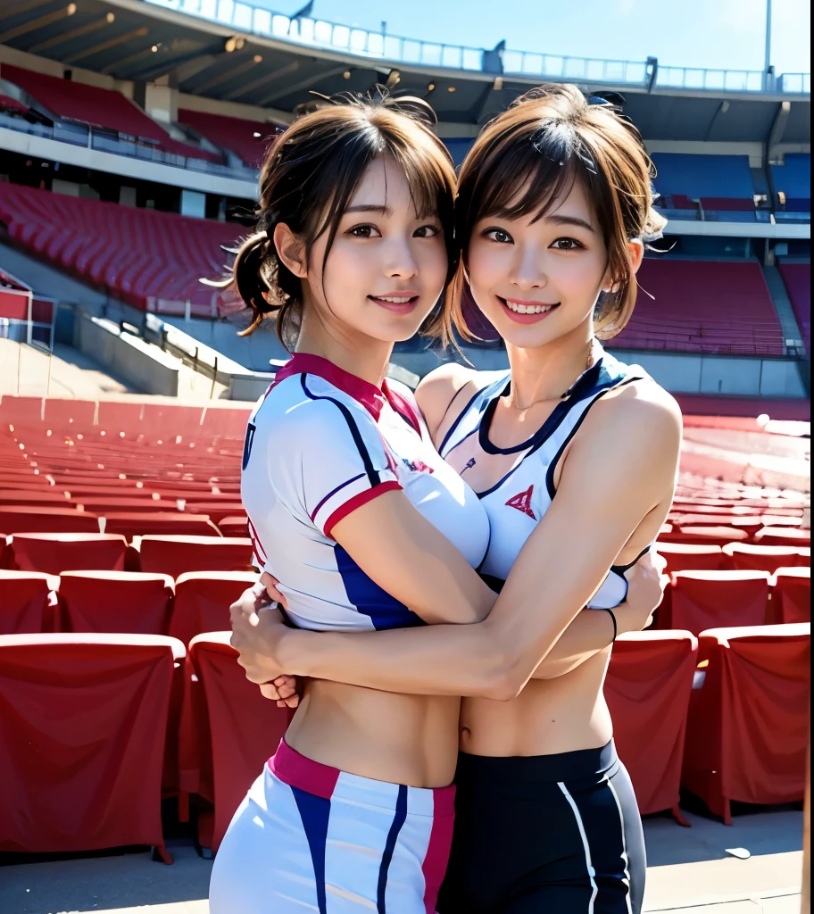 Two cute Japanese track and field athletes、(  athletes wear track athlete uniforms)、Full body photo撮影、(Athletics Stadium、National Stadium、audience seats)、(Bian、homosexuality)、(physical gap:1.4、I'll give you a hug from behind:1.4)、 expression of joy 、Ecstasy、Full body photo、track athlete jerseys、(Tiny Pants 、low rise pants、pull down pants )、(perfect anatomy、 charming)