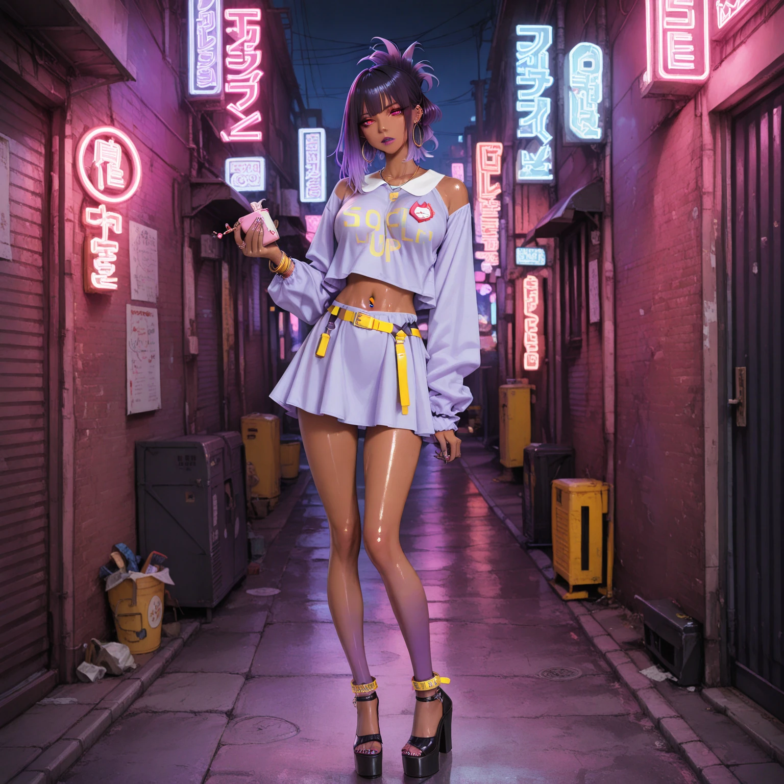 cyberpunk nurse,full length, full body view, Esbian in full tetso idol、without underwear, clothing for nurses Monitorini Cart(fluorescent pink)、Nurse cap、multicolored hair