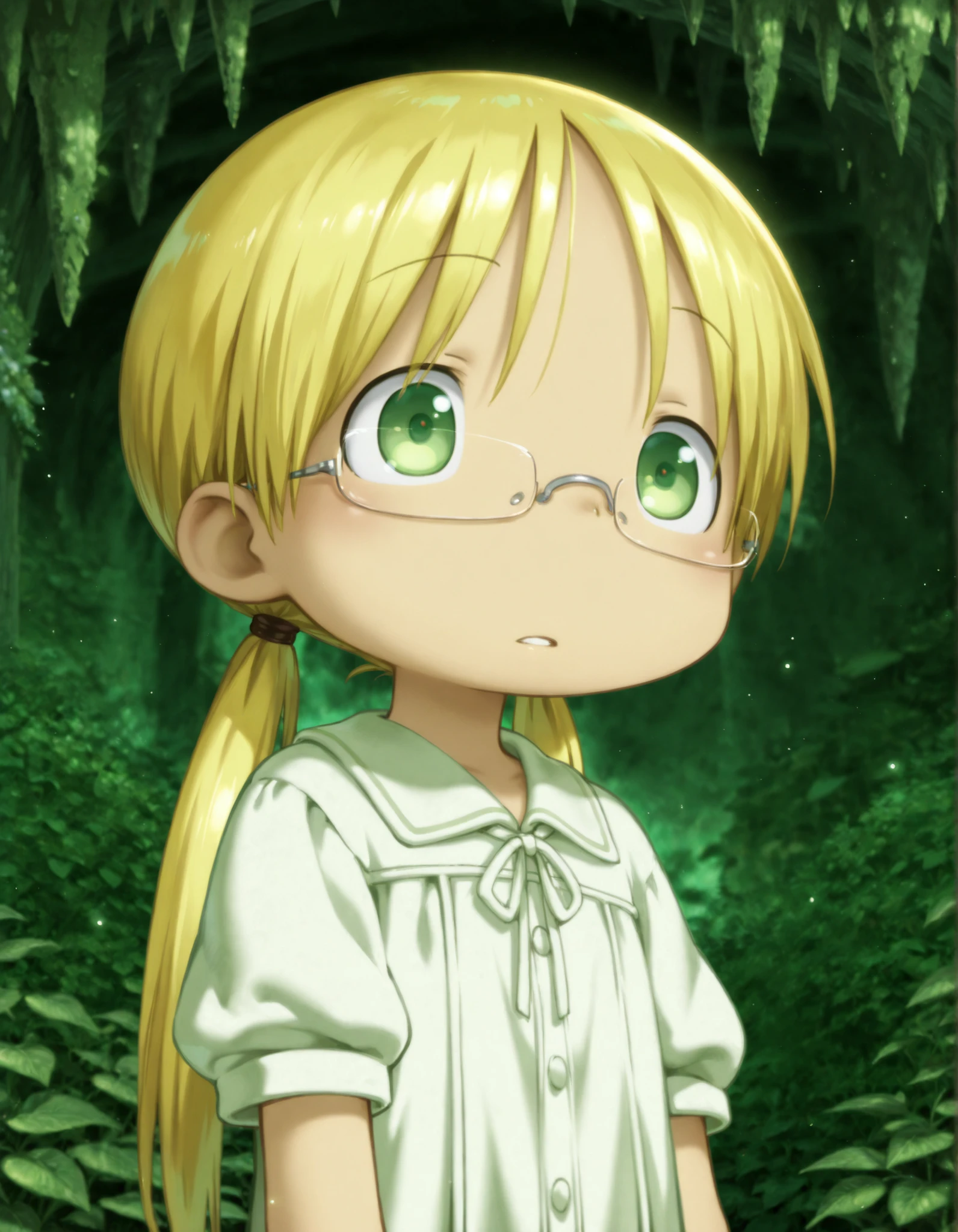 miabyss,, made in abyss,, gardenofeternalfortunes, solo, riko \(made in abyss\), blonde hair, green eyes, semi-rimless eyewear, long hair, low twintails, solo