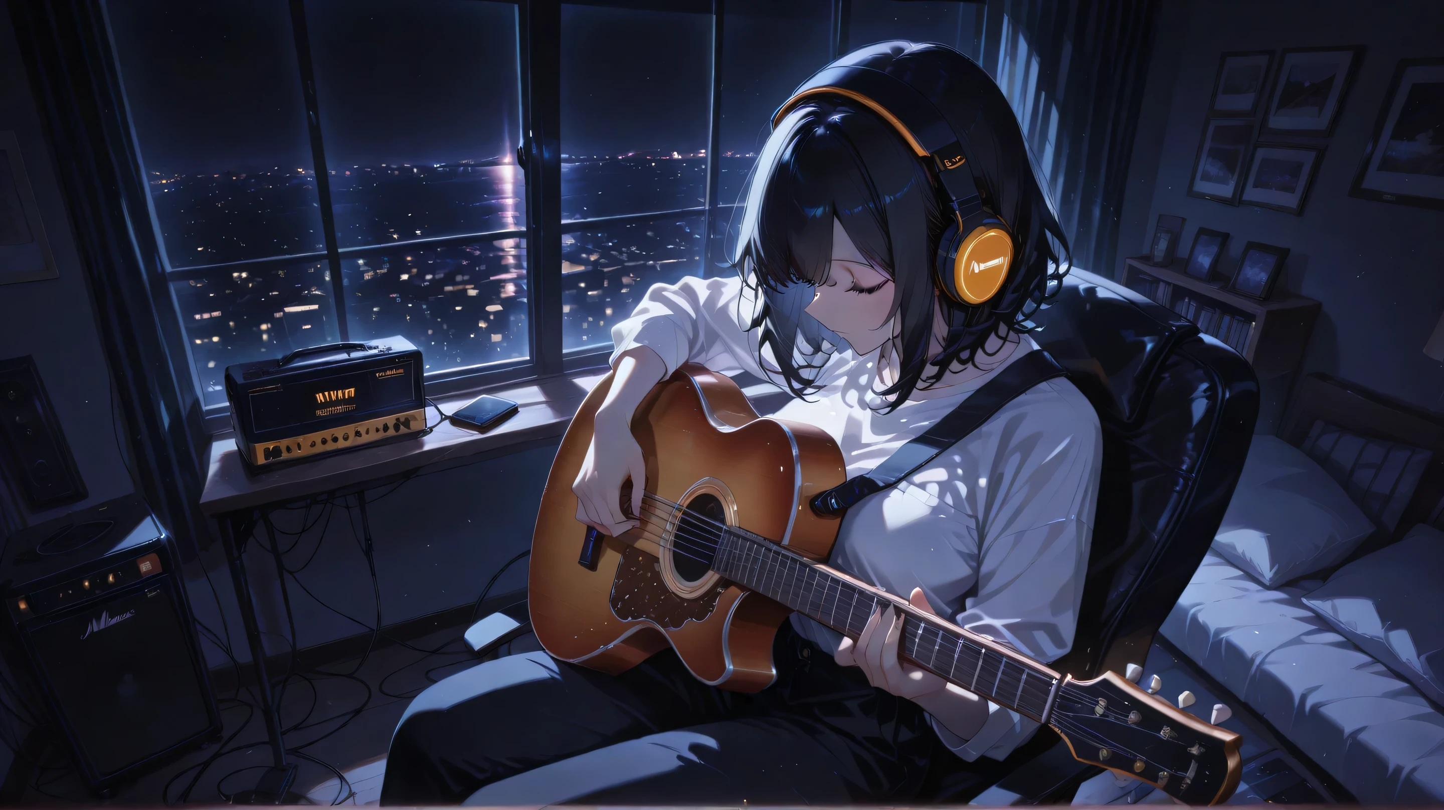 masterpiece,lady,black medium hair,white shirt,headphone,make music,playing guitar,sitting,room,night,cowboy shot,high angle,anime