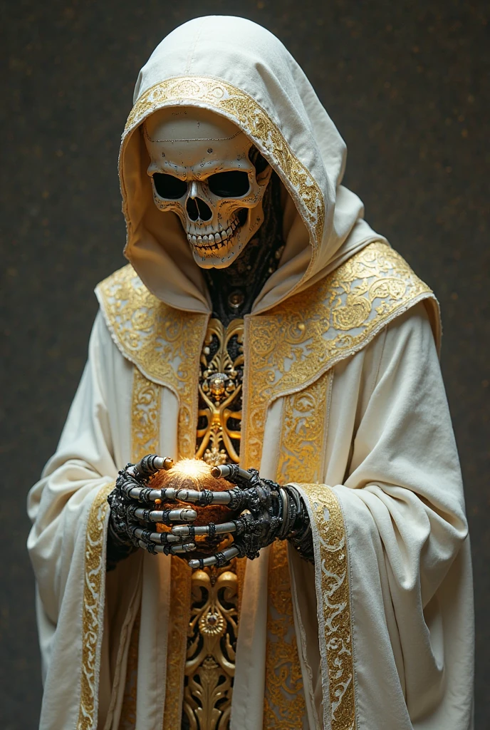 Grim Reaper character with skull face, black hooded robe, liquid gold details all over his face, jade stone inlays on his accessories, gold ingots and coins behind him, scythe in his skeletal hands, hyper-realistic, artistic