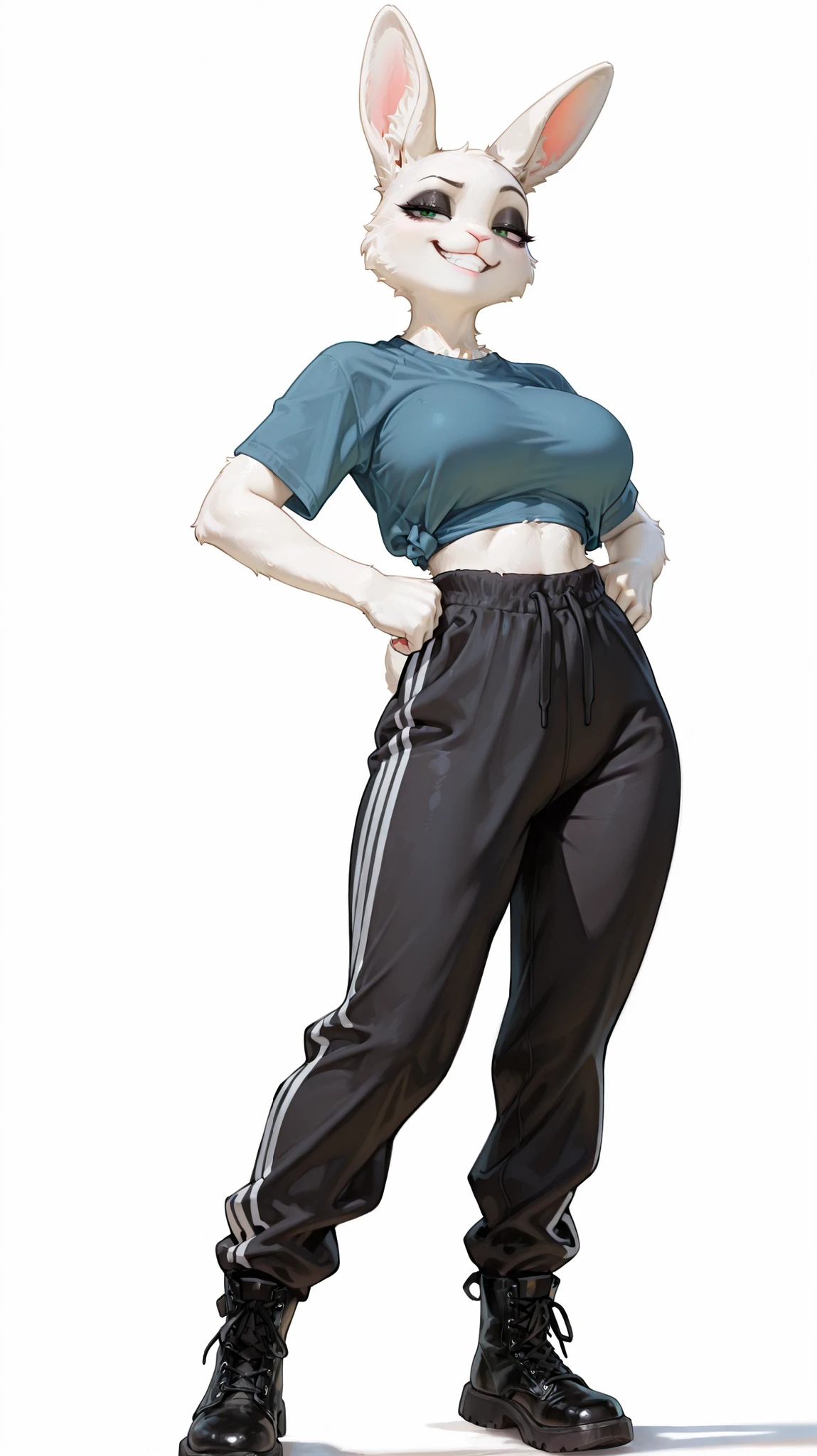 masterpiece, best quality, amazing quality, very aesthetic, high resolution, ultra-detailed, absurdres, newest, female, green eyes, furry, anthro, solo, rabbit, white fur, big breasts, paws, claws, full body, white background, BREAK, photorealistic details, volumetric lighting, black sweatpants, black boots, blue crop-top, short sleeves, smug, grin, half-lidded eyes, black eyeshadow, thighs, hips, hands on hips