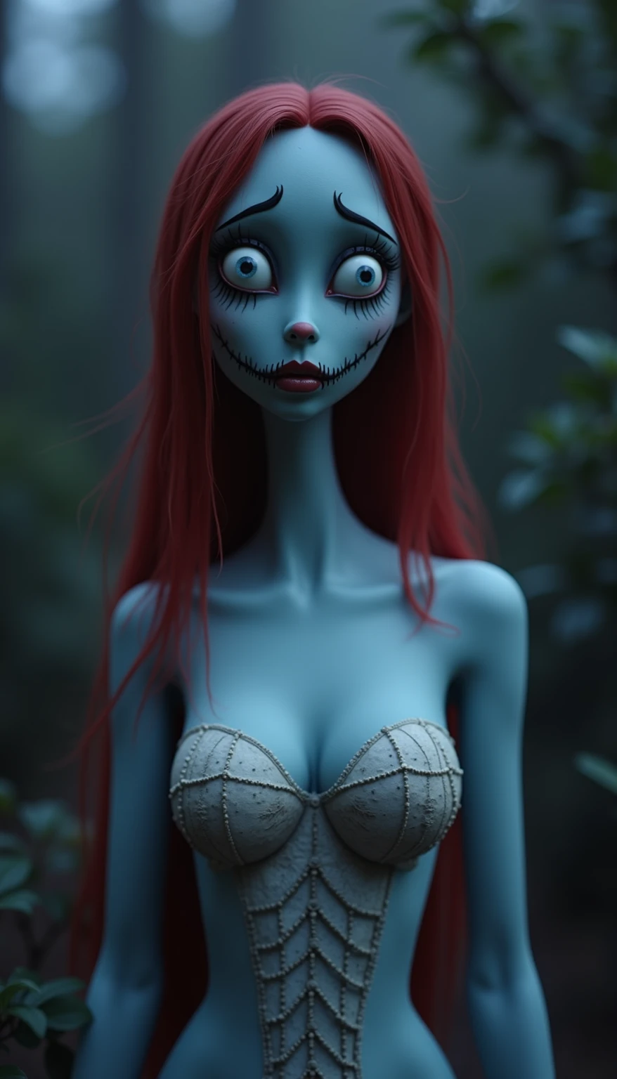 pov, sa_lly, stitches, grey skin, missionary sex position, grass, looking at viewer, at night, 3d, moaning, lipstick, half-closed eyes, legs apart, grabbing legs
