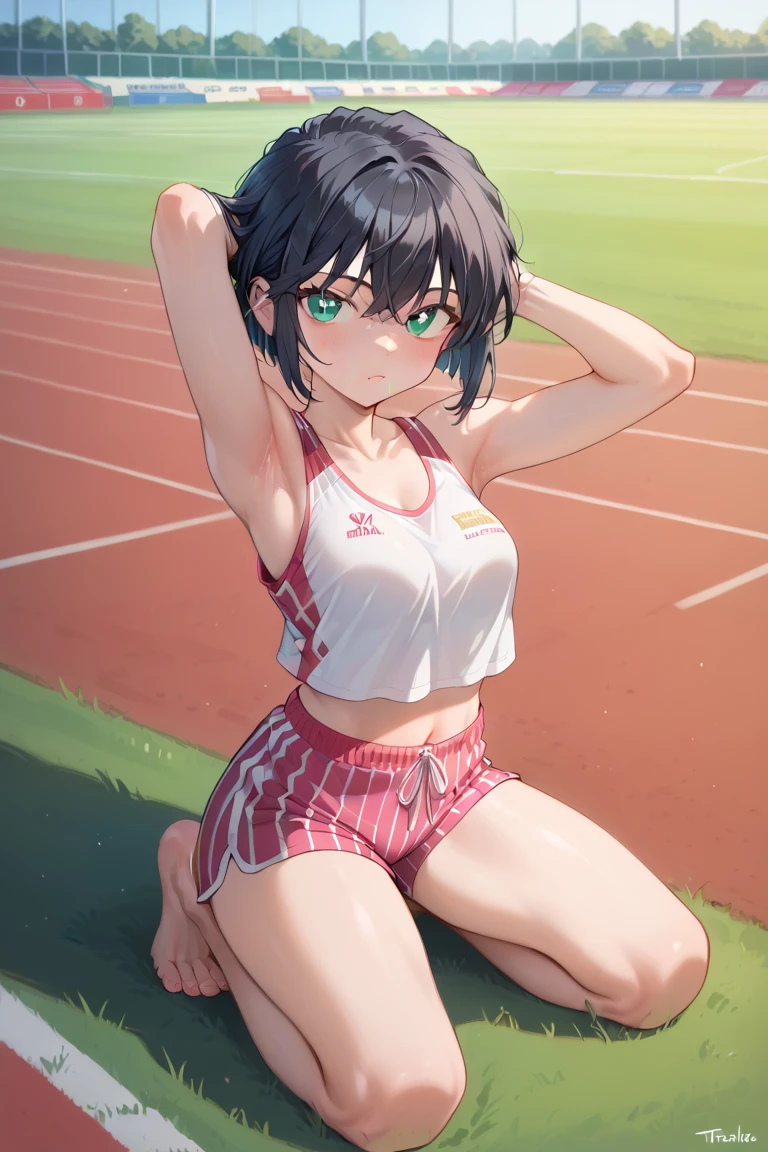 track and field athlete、athletics stadium, Beautiful anime girl squatting, anime girl squatting, thick, seductive anime girl, makoto shinka, hug her knees, tits, Kantai Collection Style, thighs!!!, marin kitagawa fanart, Ilya Kuvshinov. 4k、less exposure