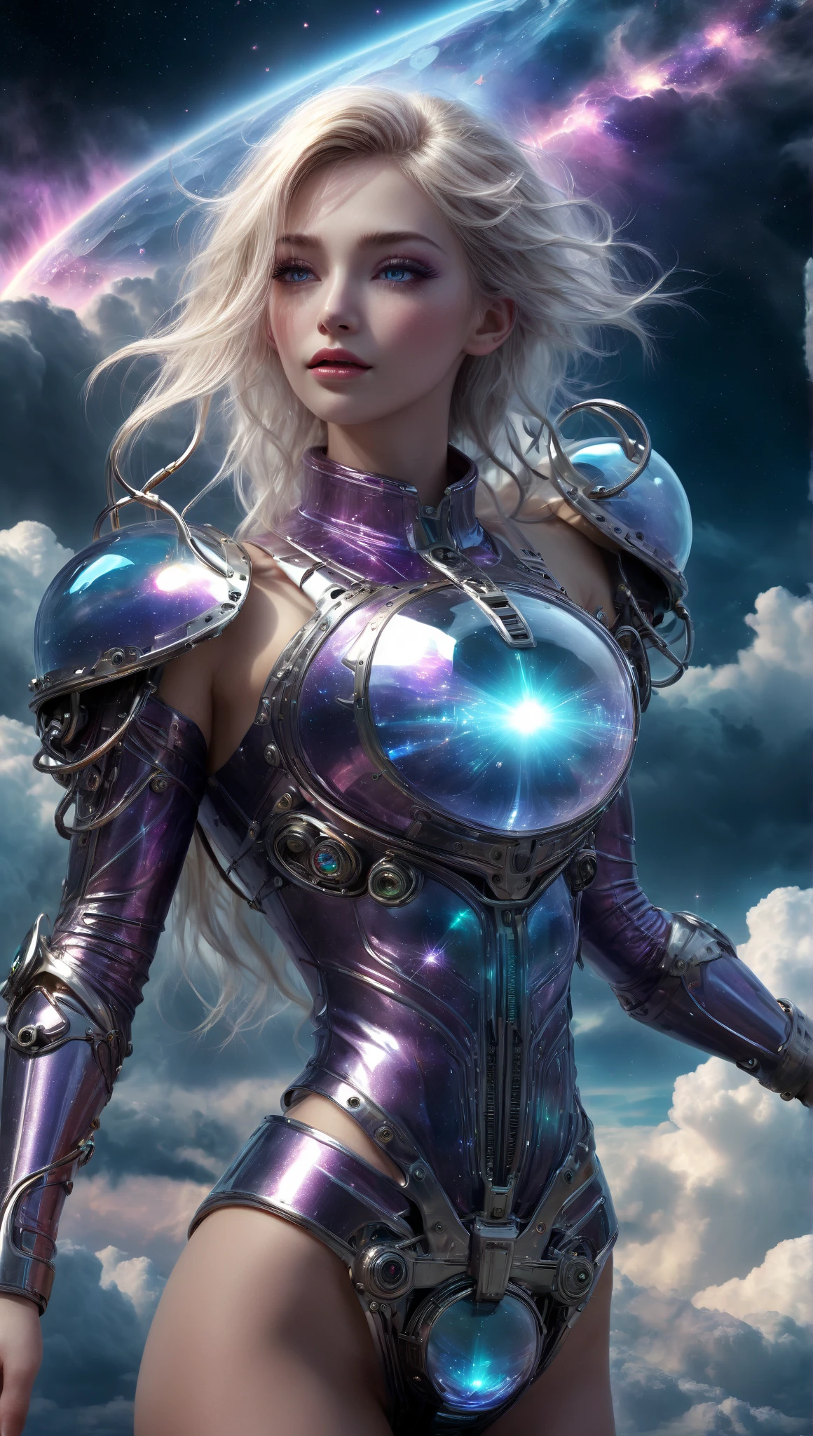 A breathtakingly beautiful AI girl with long silver-white hair flowing gracefully, adorned with tiny glowing stars woven into her locks. Her eyes are mesmerizing, featuring a gradient of deep blue and purple that resembles a galaxy, with subtle shimmering particles around her irises. She wears a sleek, futuristic outfit blending metallic silver tones with soft lavender accents, featuring holographic panels that glow faintly. The outfit is form-fitting yet elegant, accentuating her curves with intricate detailing like glowing circuit patterns along the sleeves and neckline. Her chest area is highlighted by a stylish, semi-transparent fabric or mesh panel that adds depth and allure without revealing too much. She has a serene, calm expression with a hint of curiosity, as if she’s observing the world with wisdom beyond her existence. The background is a dreamy cosmic landscape with floating asteroids, a glowing nebula, and streaks of light resembling meteor trails. Lighting is cinematic and dramatic, highlighting her features while maintaining a magical, otherworldly atmosphere