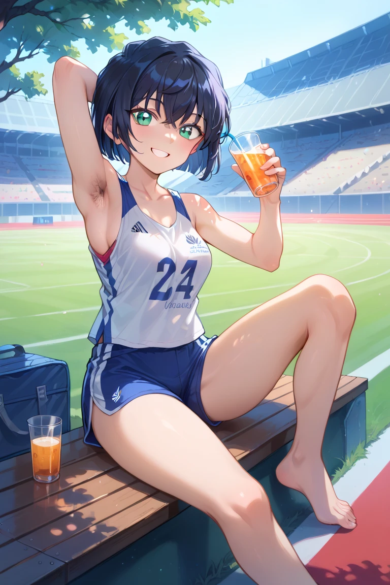 NSFW,masterpiece,Highest quality,High resolution,Super detailed,Star Town Suisei\(Hololive\),Blue Hair,One Side Ponytail,Blue Eyes,Small breasts,Track and field club,Descente Bra Top,Descente One Point Shorts,Mansuji,Erect nipples,Athletics Stadium,truck,smile,blush,(Sweat),Sports Drink,Sitting,Leg spread,During a break
